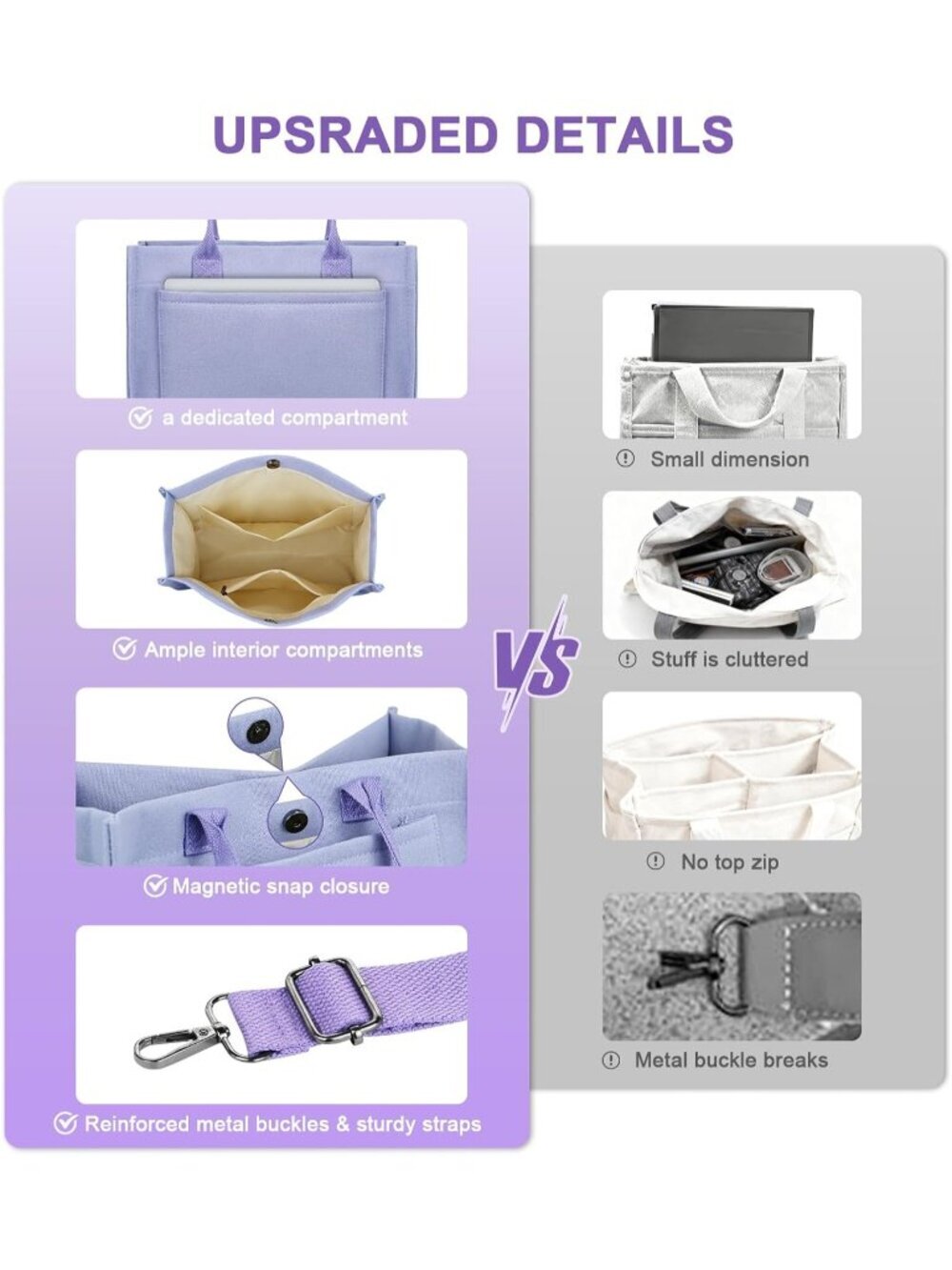 Women Purple Crossbody Tote Bag Pockets Laptop Work Shoulder Bag - Picture 6 of 7